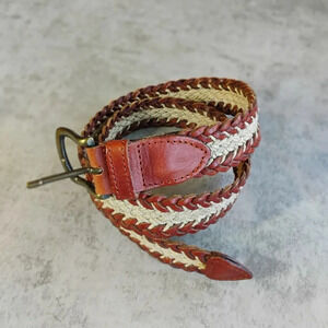 Fossil Brown Tan Braided Leather Adjustable Belt Size Medium 34" Long